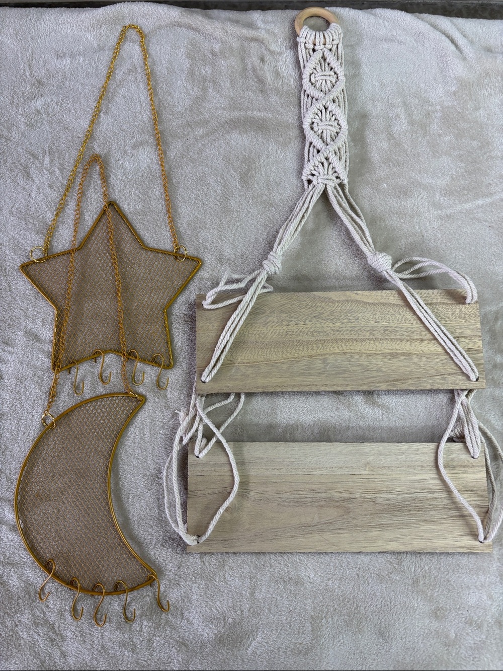 Set of Organizers Cream Macramé Two-Tier Wood Shelf Gold Star & Moon forJewelry